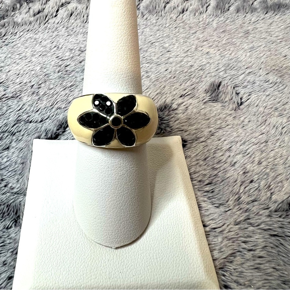 Sterling Silver Enamel Black Rhinestone Flower Ring Size 8